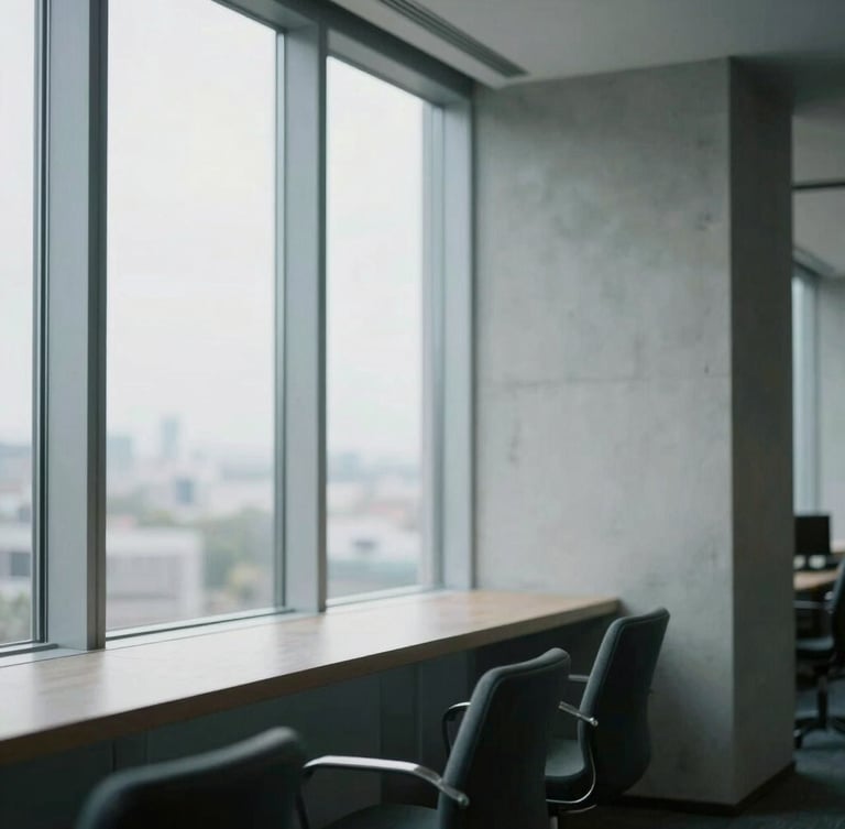 editorial corporate photography, soft natural window light, minimalist office interior with concrete and glass, shallow depth of field, 35mm