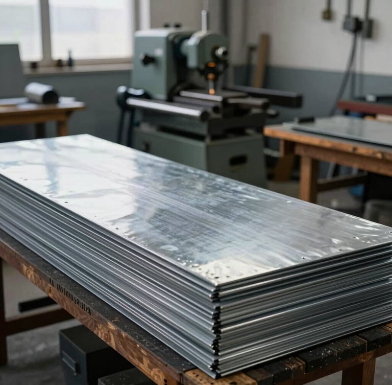 Industrial workshop photography, soft overcast daylight, cool metallic tones, 35mm. Wide shot of a traditional tinsmith workshop in Coelemu, sheets of galvanized steel stacked neatly, vintage metal bending machine in the background.