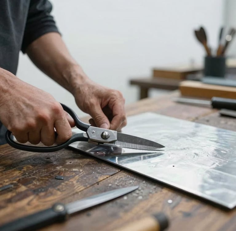 Industrial workshop photography, soft overcast daylight, cool metallic tones with warm wood accents, 35mm. Close-up of a tinsmith's hands shaping a galvanized steel sheet with traditional manual shears on a rustic wooden workbench.