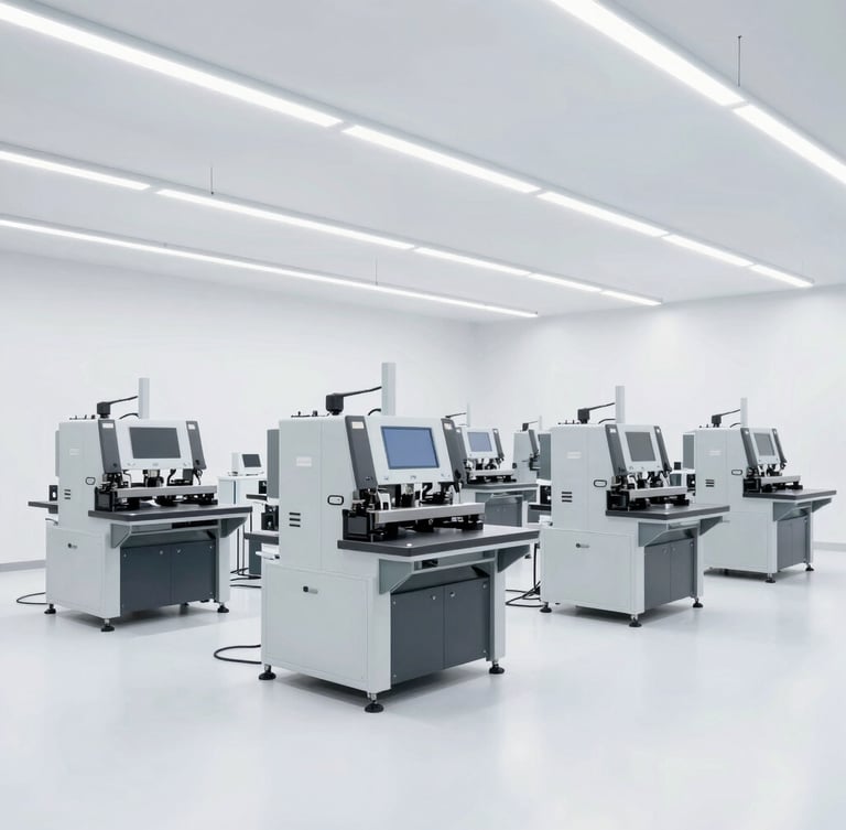 Bright high-key wide-angle photograph of a modern clean appliance assembly line in a Delhi factory, showing precision machinery and quality testing stations under bright industrial lights