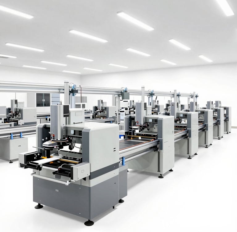 A clean modern factory floor with automated assembly lines for home appliances, bright industrial lighting, precision machinery, 50mm lens.
