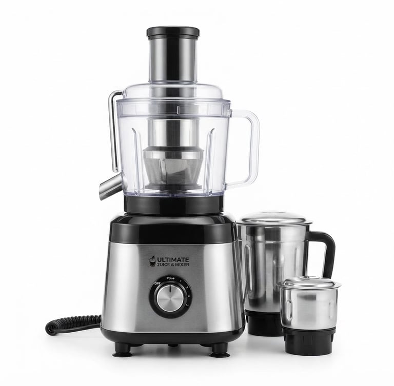 Bright high-key product photography of a premium juicer mixer grinder with stainless steel jars, sharp focus, metallic reflections, crisp white background, 50mm lens
