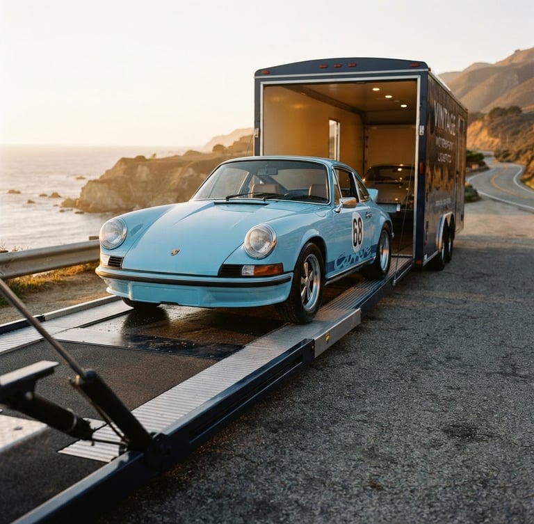 Low-angle dramatic shot of a pristine classic Porsche being carefully loaded onto a hydraulic liftgate of an enclosed navy trailer, warm golden-hour coastal light