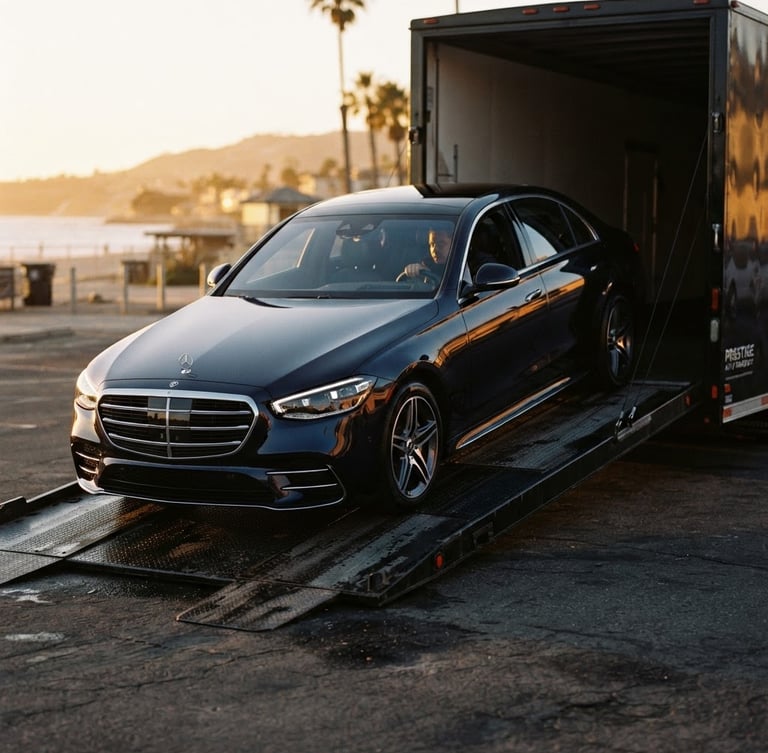 Low-angle dramatic shot of a pristine modern luxury sedan being loaded onto an enclosed transport trailer, warm golden-hour light reflecting off the flawless navy paint, 35mm photography