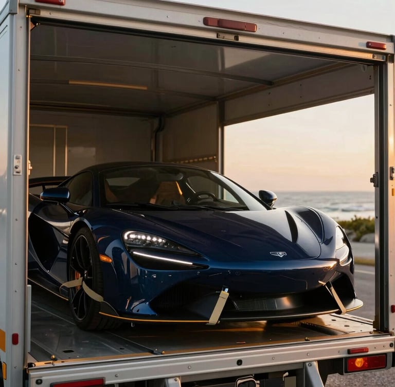 Editorial luxury automotive photography, close-up of a modern luxury supercar being secured inside an immaculate enclosed transport trailer with soft-tie wheel straps, warm golden-hour coastal light, shallow depth of field, 35mm