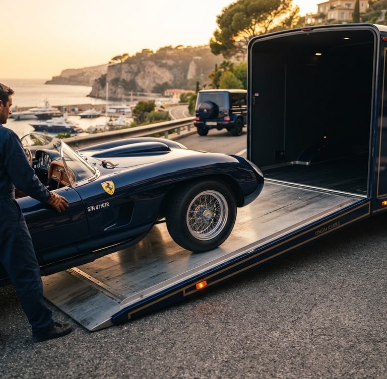 Editorial luxury automotive photography, low-angle shot of a pristine classic vintage sports car being carefully loaded onto an enclosed auto transport trailer, warm golden-hour coastal light, deep navy and gold tones, shallow depth of field, 35mm