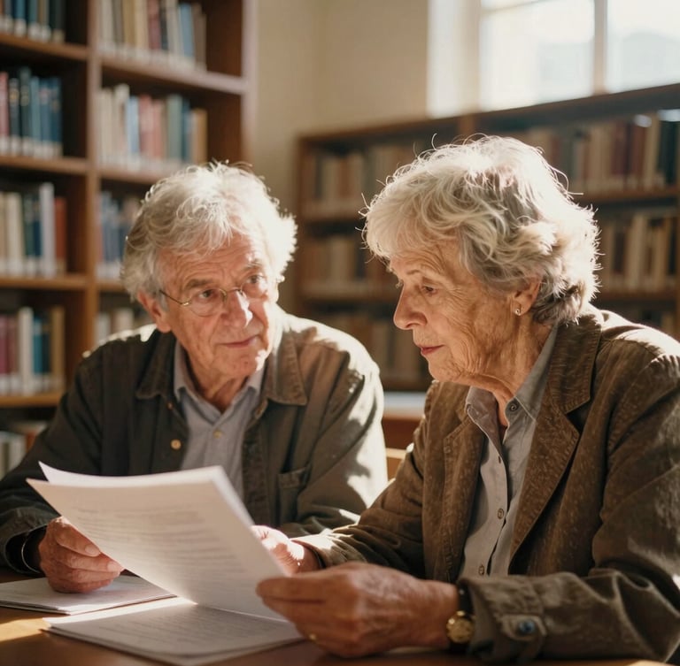 Candid environmental portrait of two dignified, older individuals (a man and a woman) in a well-lit, warm-toned library or study, engaged in quiet discussion, natural golden hour light, shallow depth of field, 35mm film look. They are looking at documents, not directly at the camera.