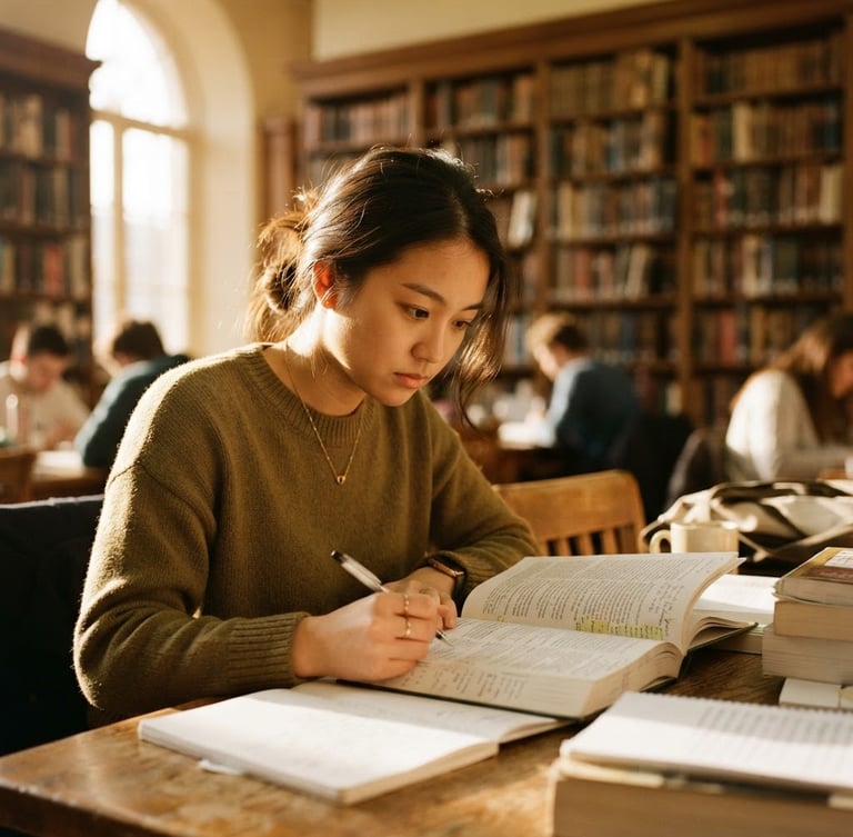 Candid environmental portrait of a young scholar studying in a sunlit library, shallow depth of field, warm golden-hour light, focused expression, rich organic tones.
