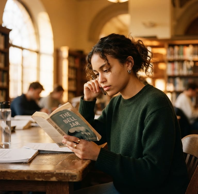 Candid portrait of a young student in a sunlit library, absorbed in a book, warm golden-hour light, shallow depth of field, rich organic tones, 35mm film look.