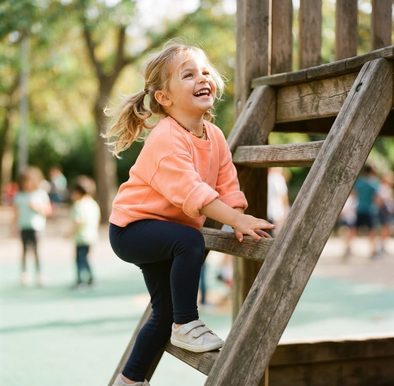 Bright natural daylight photography, a young girl laughing and climbing a wooden playground ladder, wearing a vibrant peach sweatshirt, soft mint background, warm editorial style