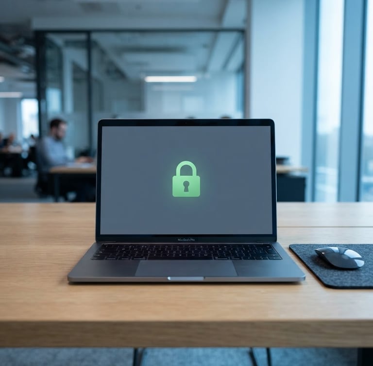 Minimalist corporate photography, a high-end laptop on a clean wooden desk showing a secure login screen with a green padlock icon, bright office daylight, cool blue tones, sharp focus, 35mm.