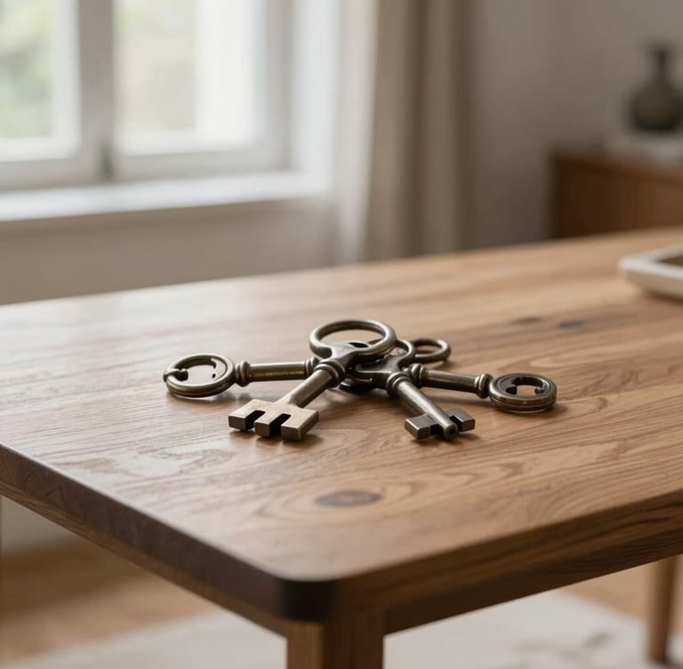 Gros plan sur un jeu de clés anciennes posées sur une table en bois massif, lumière naturelle douce, ambiance raffinée, image éditoriale