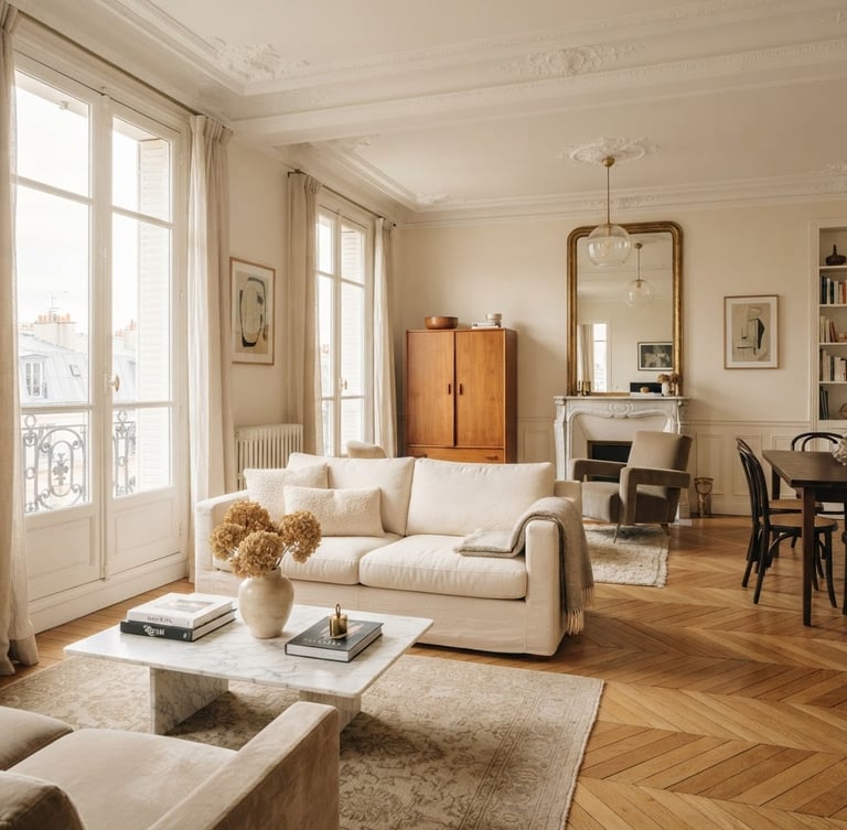Intérieur élégant d'un appartement haussmannien baigné de lumière naturelle, parquet clair, moulures au plafond, style architectural français, ambiance calme et organisée, 35mm lens
