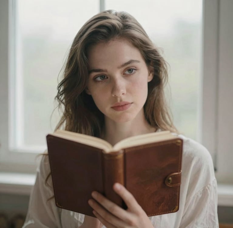 Portrait of a thoughtful woman with soft, kind eyes, holding an old leather-bound journal, sitting by a window with diffused light, muted pastel tones, shallow depth of field, 35mm, editorial style
