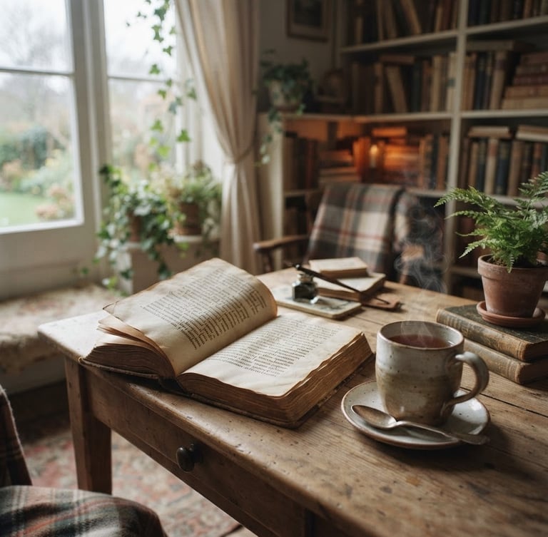 Cozy study interior with an open, ancient-looking book on a wooden desk, steam rising from a ceramic mug, soft overcast window light, muted pastel tones, shallow depth of field, 35mm, wide atmospheric shot