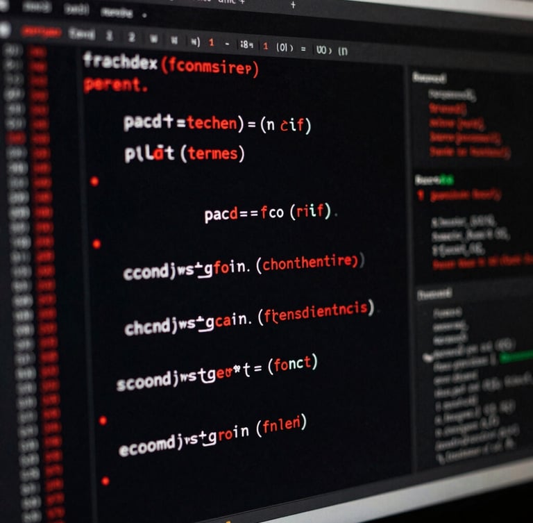 Macro shot of econometric code in R on a dark screen, sharp focus on matrix formulas, high-contrast red and black lighting, 35mm