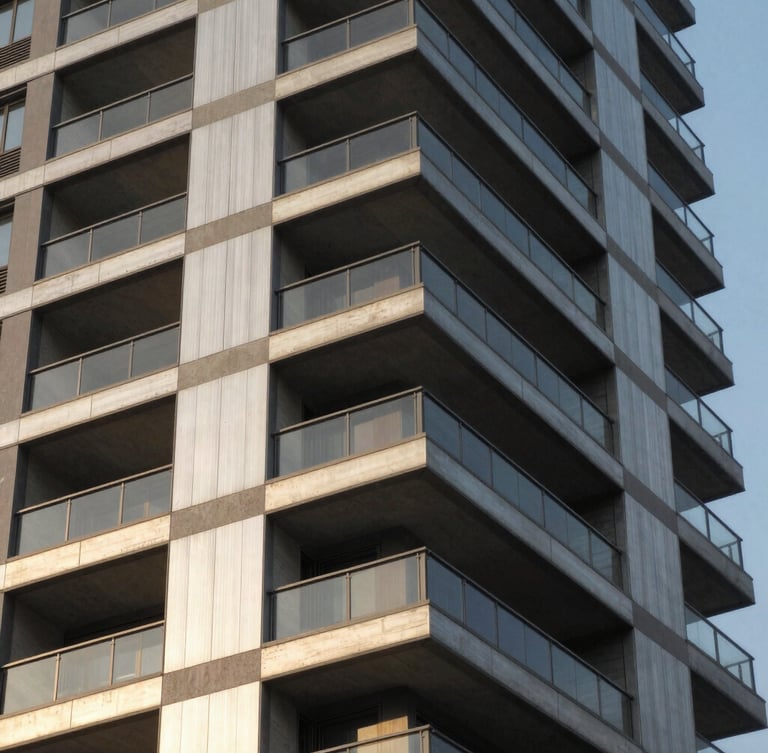 Architectural close-up of premium residential tower in Sector 71, showcasing brushed metal panels, structural concrete geometries, and dramatic afternoon sunlight.