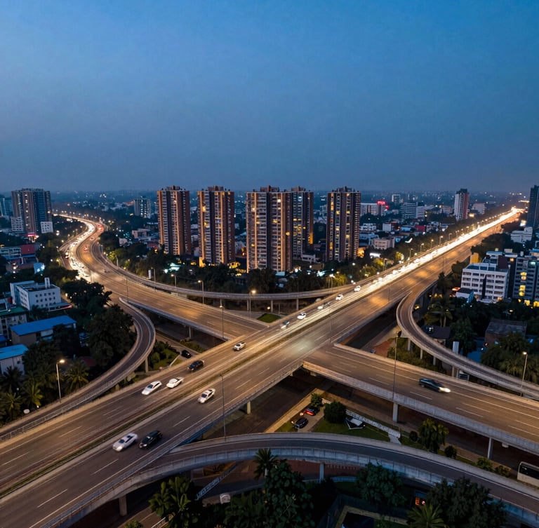 Sweeping twilight drone photography of Gurgaon Dwarka Expressway, showcasing modern multi-lane highway architecture and distant lit residential towers under a deep blue sky.