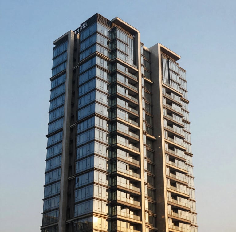 Architectural close-up of a modern luxury residential tower in Gurgaon, structural glass and brushed steel reflecting warm golden hour light, sharp angles against a clear sky.