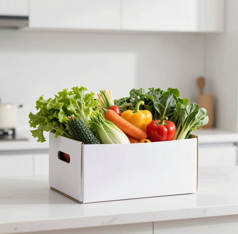 A clean minimalist delivery box filled with vibrant fresh vegetables on a modern kitchen counter, bright high-key studio lighting