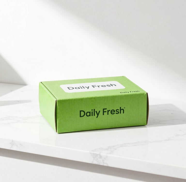 Bright high-key studio shot of a clean minimalist Daily Fresh delivery box on a white marble counter, morning sunlight casting soft shadows.