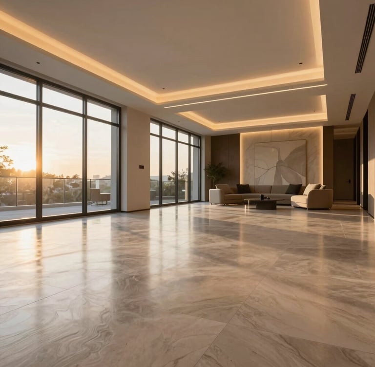 Wide architectural photograph of a premium modern living room with flawless porcelain flooring, integrated warm LED lighting strips, crisp geometric lines, golden hour light filtering through large windows.