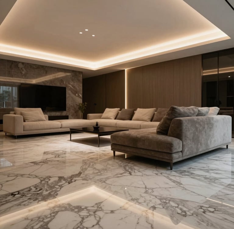 Tight architectural detail shot of a premium living room with flawless marble flooring, integrated warm LED lighting strips in the ceiling, and modern minimalist furniture.
