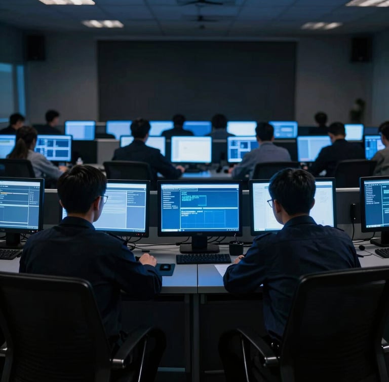 Cinematic low-key photography of a modern security control room, operators facing glowing blue screens, dramatic high-contrast night lighting, sharp focus, 35mm
