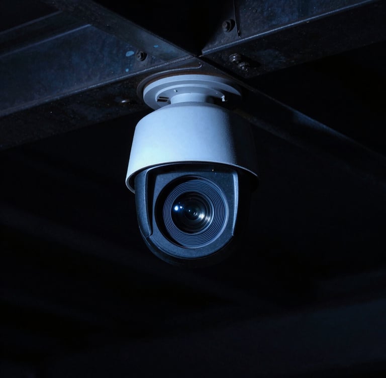 Cinematic portrait shot of a high-end security camera lens mounted on a dark industrial steel beam, dramatic high-contrast night lighting, sharp focus on the glass lens, cool blue ambient glow, 35mm