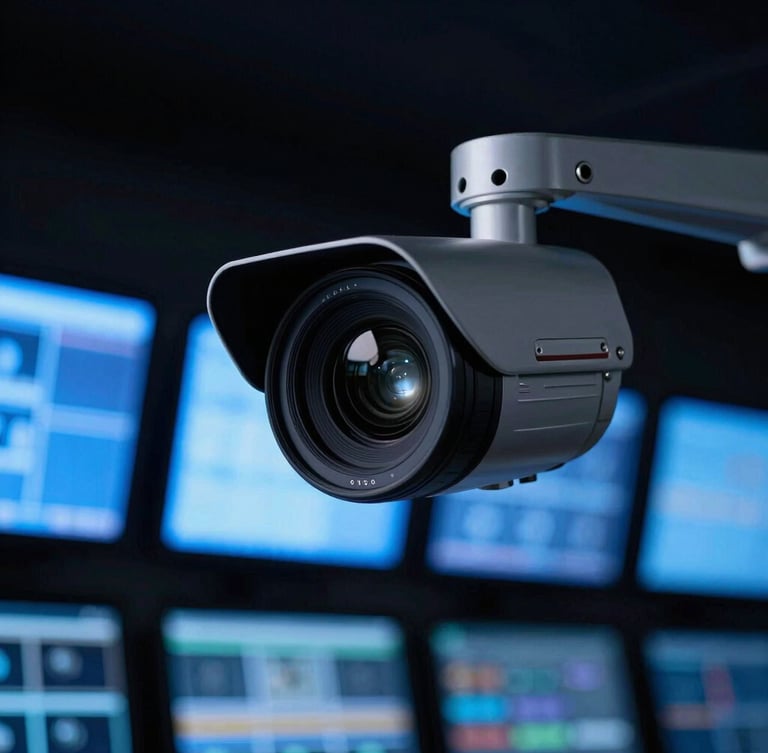 Cinematic low-key photography of a high-end CCTV camera lens with sharp focus, cool blue screen glow from control room monitors in the background, 35mm.