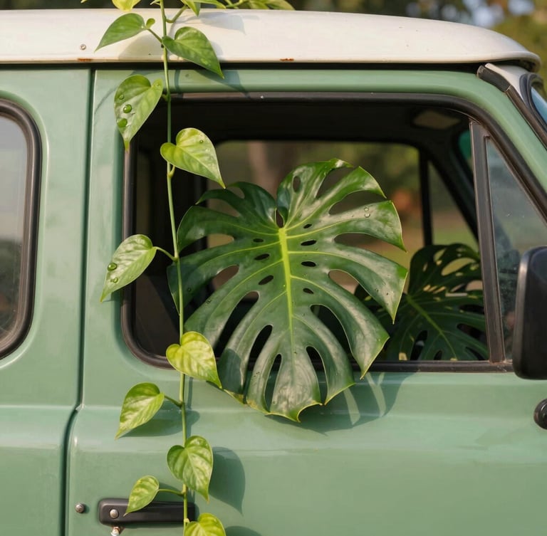 A close-up of the founders inside the vintage green truck, surrounded by trailing pothos and monstera leaves, warm natural daylight.