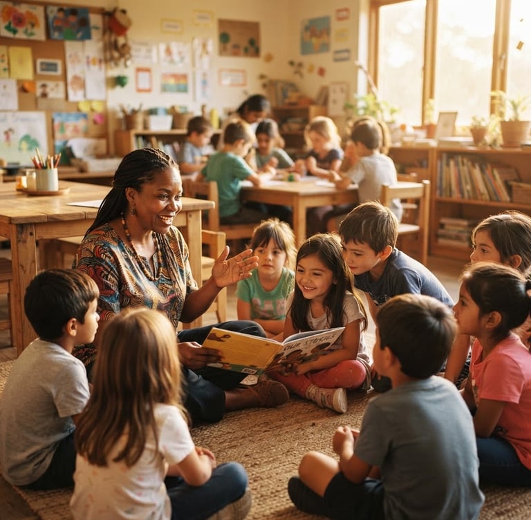 Warm environmental portrait of a local leader teaching children in a bright, clean classroom, natural golden hour light, shallow depth of field, rich organic tones, wide shot showing community collaboration, film style.