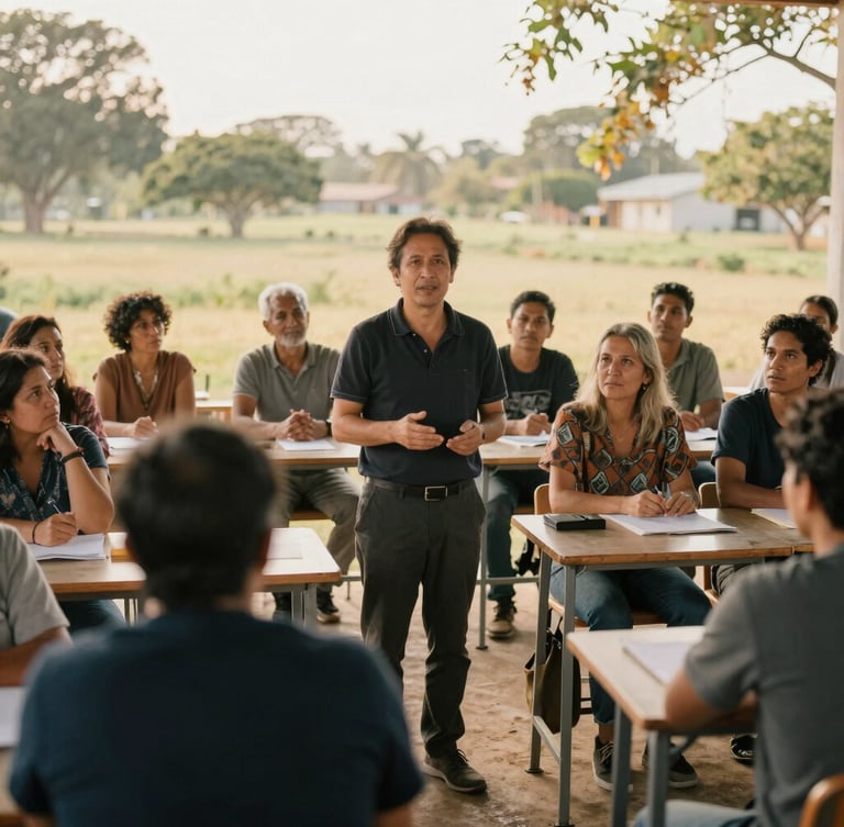 Medium-wide environmental portrait of a local community leader teaching a group of adults in a bright, open-air classroom, natural golden hour light, subjects making eye contact with the camera, rich organic tones.