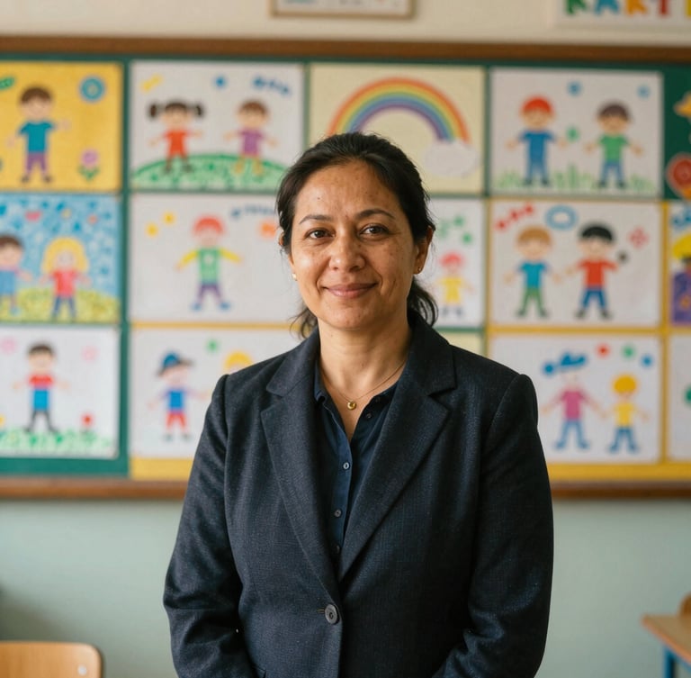 A dignified local female teacher, mid-40s, smiling warmly, making eye contact, standing in front of a vibrant classroom wall adorned with children's drawings, natural bright overcast daylight, respectful medium portrait.