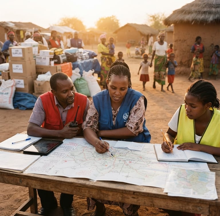 Warm documentary photograph of local aid workers coordinating logistics in a village, hands reviewing maps, supplies in background, natural golden hour light, respectful, medium-wide shot with agency.