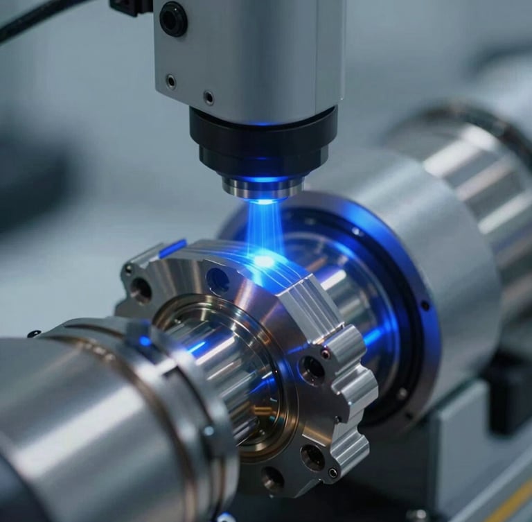 Macro close-up of a blue-light 3D scanner projecting structured light lines onto a complex machined aerospace component, cool industrial studio lighting, sharp focus, 35mm
