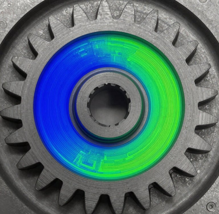 Macro close-up of a high-resolution CAD model showing a colorful deviation heatmap of a mechanical gear, cool blue and green structured light, sharp focus