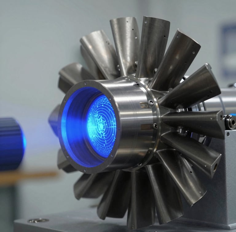 Macro close-up of a blue-light 3D scanner projecting structured light patterns onto a complex machined aerospace turbine blade, industrial studio lighting, 35mm