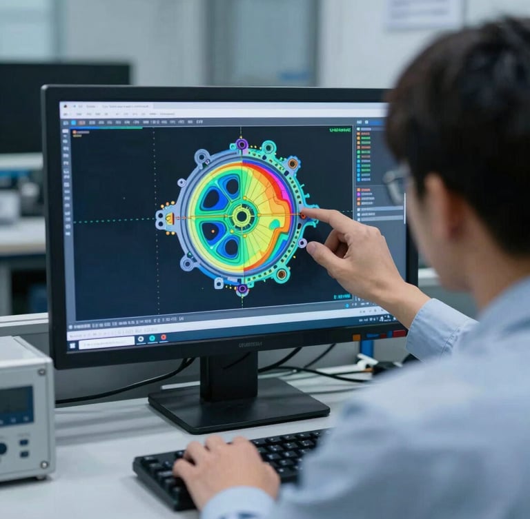 Tight over-the-shoulder shot of an engineer analyzing a colorful deviation heatmap of a mechanical part on a workstation monitor, cool blue tones, sharp focus