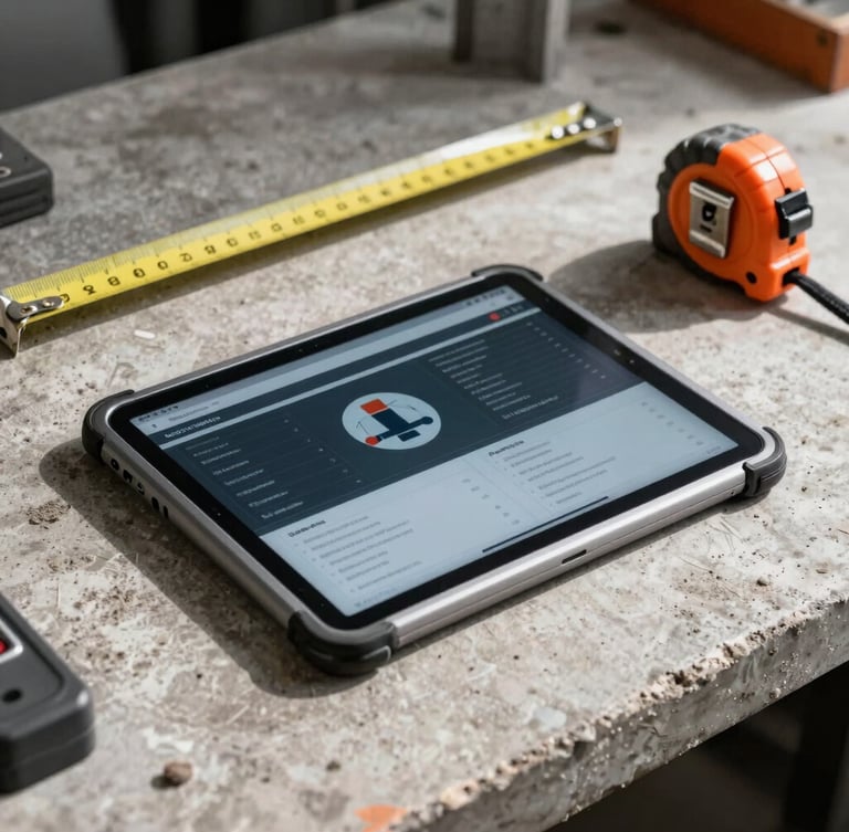 A rugged tablet displaying a business dashboard resting on a dusty concrete workbench next to a steel tape measure, high-contrast daylight, 35mm