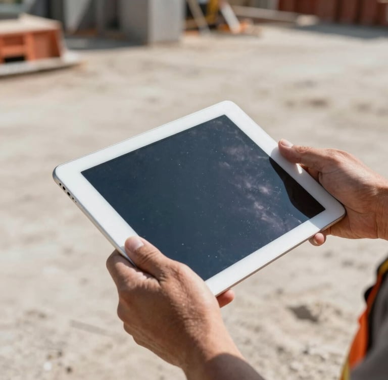 Close-up of rugged hands holding a modern tablet on a dusty job site, concrete dust, high-contrast daylight, sharp focus
