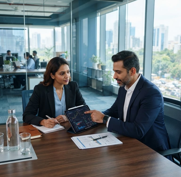 Clean corporate office in Bengaluru, bright natural light, professional consultants discussing financial documents over a sleek digital tablet, cool blue tones, 35mm photography
