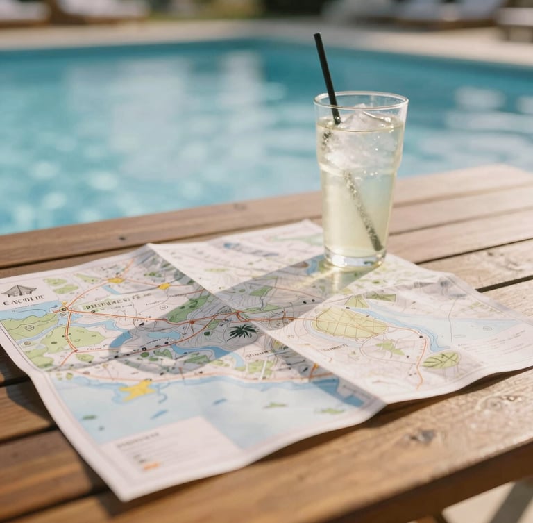 A map spread out on a warm wooden table next to a cold drink by a pool, soft natural sunlight, shallow depth of field