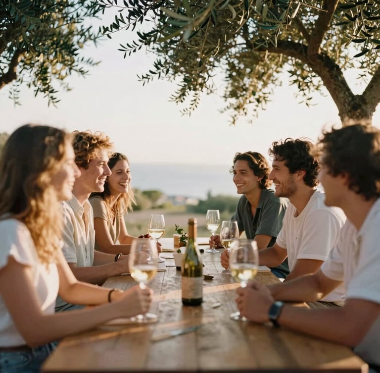 A long wooden table under olive trees at golden hour, friends laughing, wine glasses catching the warm sunlight, soft focus, 35mm film style.