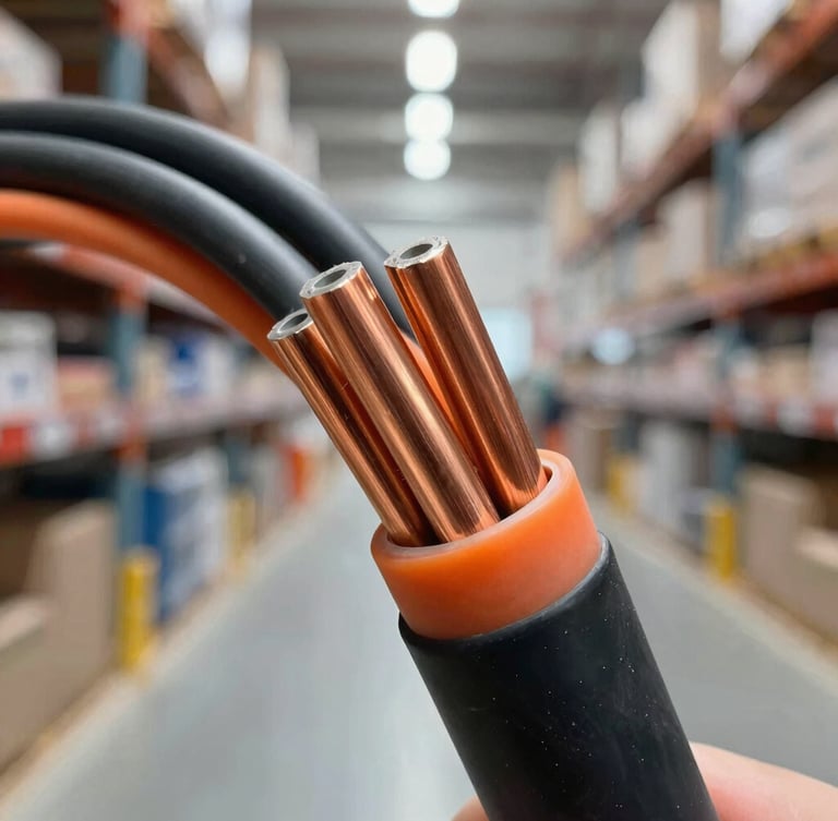 Macro shot of heavy-duty copper cables with clean orange and black insulation, organized in a modern warehouse, crisp industrial lighting, 35mm lens