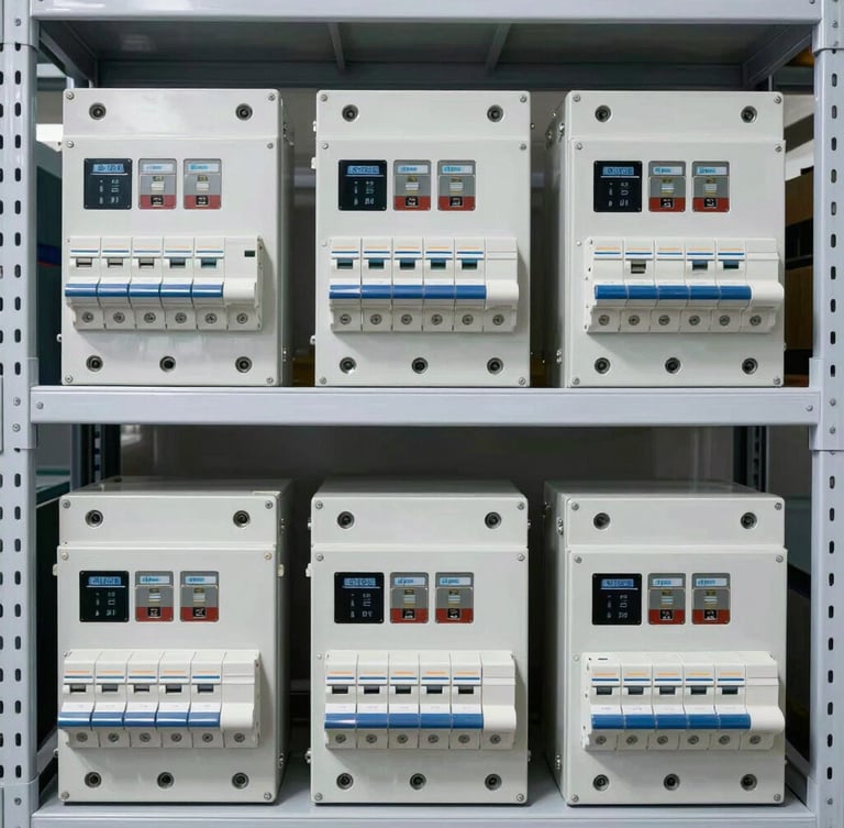 Straight-on structured shot of organized warehouse shelves stacked with industrial circuit breakers and electrical panels, bright clean lighting, 35mm lens