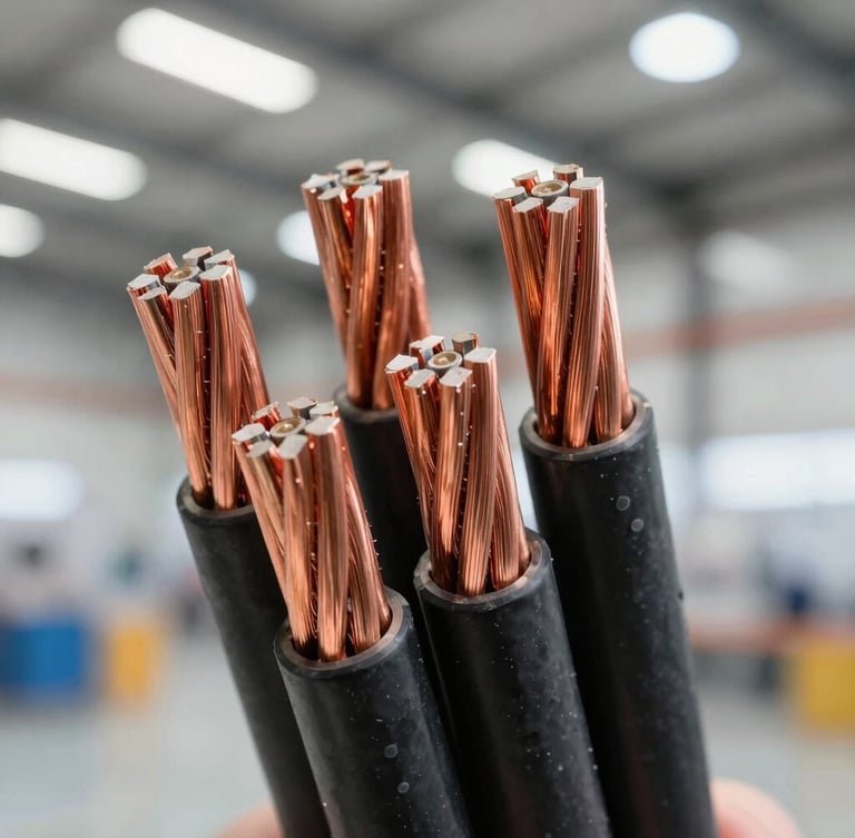 Macro shot of heavy-duty copper power cables with thick black insulation, neatly cut to show internal copper wire strands, bright industrial warehouse lighting, 35mm lens
