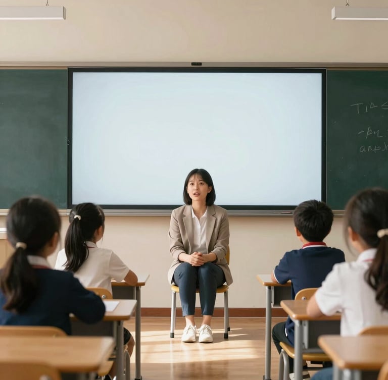 Wide eye-level shot of a teacher sitting on a low chair with kindergarten students around an interactive whiteboard, sunlit classroom, warm modern aesthetic.