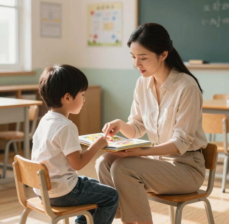 A bright, warm classroom corner with sun streaming in; a teacher sits on a low wooden chair at eye level with a child, pointing to a colorful picture book.