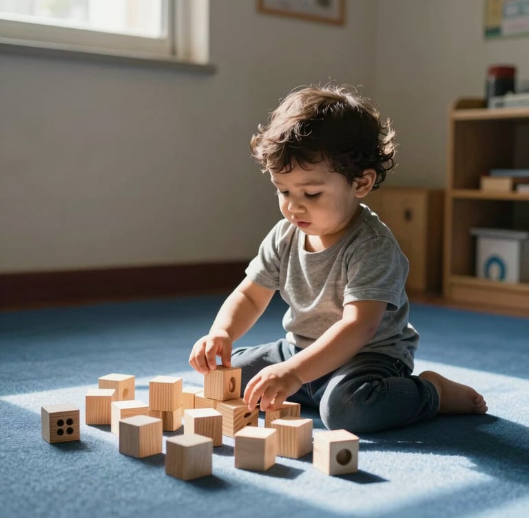 Sunlit classroom corner in Bhubaneswar, a toddler sitting on a soft blue mat playing with large wooden building blocks, natural warm light, eye-level shot